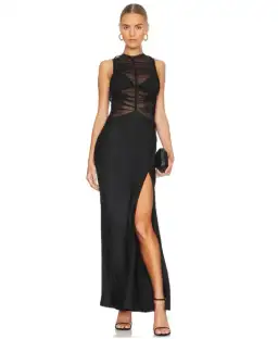 Bec & Bridge Naomi Split Maxi Sheer Mesh Dress in Black Size AU 6