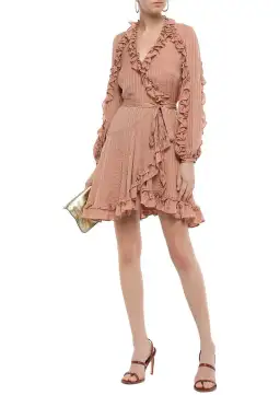 Zimmermann Cascade Ruffle-trimmed Silk-jacquard Mini Wrap Dress Pink Size 8