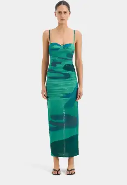 Sir The Lable Frankie Gathered Midi Dress in Emerald Reflection Size 2 / AU 10