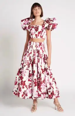 Aje Cherie Bubble Midi Skirt and Top Set Red Floral Size 8 for rent on The Volte - image 1