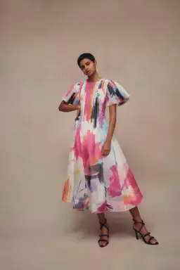Aje Nova Pleated Midi Dress in Abstract Sunset Size 6
