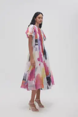 Aje Nova Pleated Midi Dress in Abstract Sunset Size 6