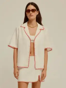 Venroy Blanket Stitch Linen Shirt & Skirt Set Pearl White Size 8