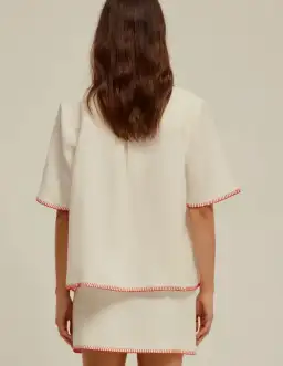 Venroy Blanket Stitch Linen Shirt & Skirt Set Pearl White Size 8