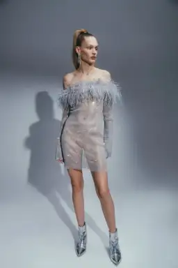 Santa Brands Sparkle Grey Mini Feather Dress Silver Grey Size S / AU 8