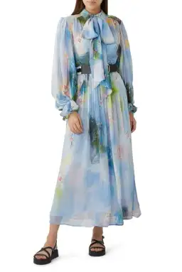 Leo Lin Cassie Tie Neck Midi Dress Willow Print Size 6 for rent on The Volte - image 1