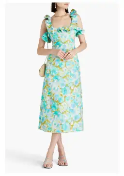 Zimmermann High Tide Ruffle Midi Dress Aqua Ikat Floral Size 1 / AU 10