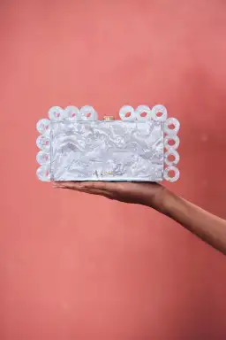 Cult Gaia Harlow Ring Crinkled Metallic Silver Clutch Bag