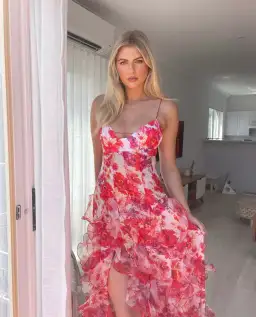 Menti Santorini Iris Flower Maxi Dress in Red Floral Chiffon Size XS / AU 6 for rent on The Volte - image 2