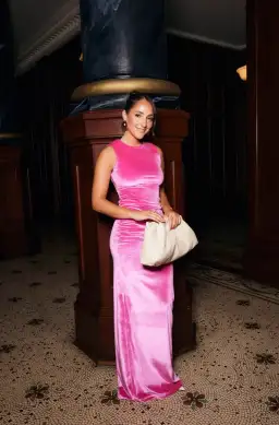 With Harper Lu Ruched Velour Maxi Dress Fuchsia Size M / AU 10