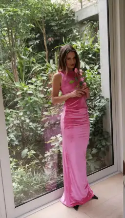 With Harper Lu Ruched Velour Maxi Dress Fuchsia Size M / AU 10