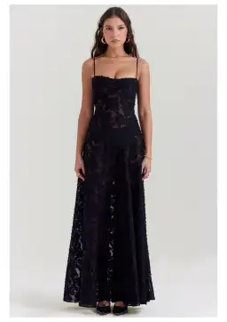 House Of CB Seren Lace Back Maxi Dress Black Floral Size S / AU 8