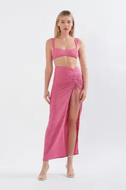 Sonya Moda Issa Top & Ruched Maxi Skirt Set in Pink Size 6