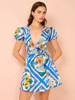 By Nicola - Havana Wrap Mini Dress In Azure Floral - Size 12 (fits 10-12) for rent on The Volte - image 2