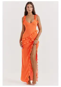 House of CB Pixie Ruffle Maxi Dress in Flame Orange Size XS / AU 6