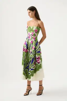 Aje Paradiso Cinched Midi Dress Native Gumnut Floral Size 4 for rent on The Volte - image 1