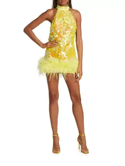 Bronx and Banco Izzy Sequin & Feather Mini Dress Yellow Size AU 6
