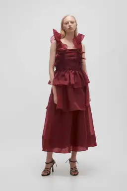 AJE ASRA PLEATED FRILL MIDI DRESS RED SIZE 8 for rent on The Volte - image 1