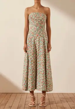 Shona Joy Ulani Strapless Pleated Midi Dress Multi Floral Size 10