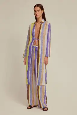 Venroy Crinkle Cotton Tie Front Shirt and Wide Leg Pants Set Purple Dye Stripe Size M / AU 10 for rent on The Volte - image 1