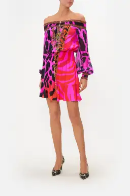 Camilla Off Shoulder Silk Short Dress Always Change Your Spots Print Size S / AU 10 for rent on The Volte - image 1