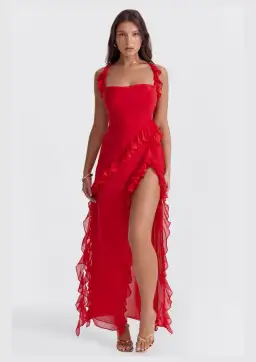 House of CB Ariela Ruffle Maxi Dress Cherry Red Size S / AU 8