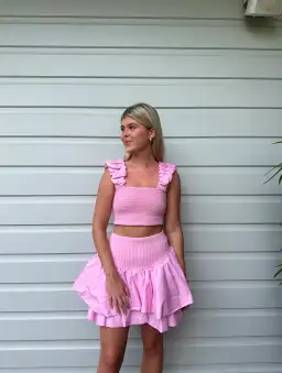 Aje Allard Ruched Strap Knit Top & Turner Bubble Skirt Set Pink Size 8