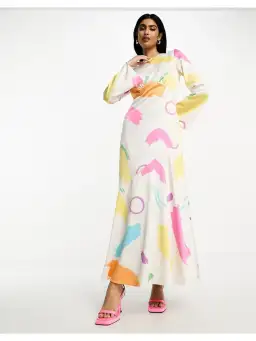 Daska High Neck Long Sleeve Maxi Dress In Multi Print Size AU 12