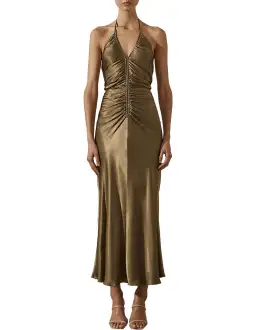 Shona Joy Dress Gala Halter Ruched Midi Dress in Warm Olive Green