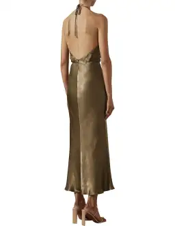 Shona Joy Dress Gala Halter Ruched Midi Dress in Warm Olive Green