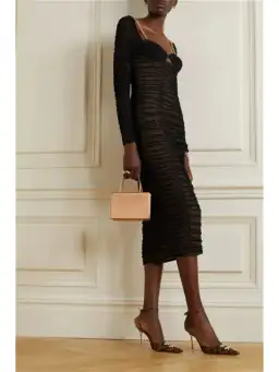 Self Portrait Crystal-Embellished Cutout Ruched Stretch-Mesh Midi Dress Black Size AU 12 for rent on The Volte - image 3