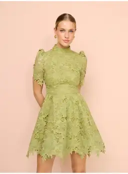 Leo Lin Elise Lace Short Sleeve Mini Dress in Olive Size AU 12 for rent on The Volte - image 3