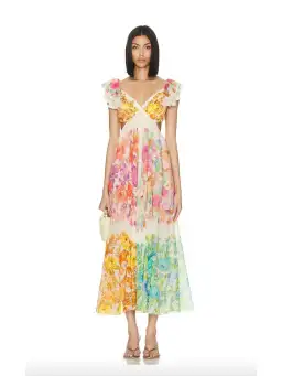 Zimmermann Raie Frill Shoulder Midi Dress Multi Floral Size 1/AU 10  for rent on The Volte - image 1