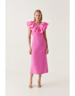 Aje Transcendent Ruffle Midi Dress Pink Size 8