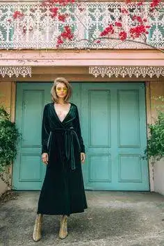 Isabelle Quinn Green Velvet Midi Long Sleeve Wrap Dress Green Size 8 for rent on The Volte - image 1