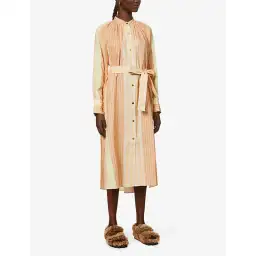 Oroton Striped Long Sleeve Belted Straight Fit Linen Midi Dress Almond Milk Size 12 for rent on The Volte - image 2