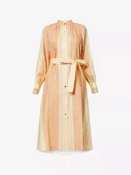 Oroton Striped Long Sleeve Belted Straight Fit Linen Midi Dress Almond Milk Size 12 for rent on The Volte - image 5