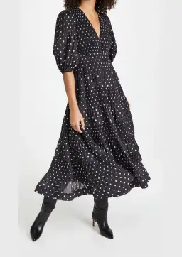 Zimmermann Pleated Long Sleeve Midi Dress in Black & Pearl Polka Dot Size 2 / AU 12