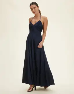Minima Esenciales Sarai Halter Neck Tiered Maxi Dress Navy Size 8