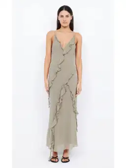 Bec & Bridge Gabriel Frill Maxi Dress Sage Size AU 8
