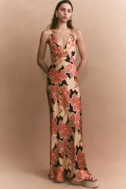 Shona Joy Rosa Silk Plunged Double Strap Maxi Dress Coral Pink/Multi Size 14 for rent on The Volte - image 5