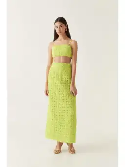 Aje Quintette Textured Bralette and Midi Skirt in Light Lime Green Size 8