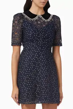 Sandro Lucianita Embellished Lace Mini Dress Midnight Blue Size 8 for rent on The Volte - image 2