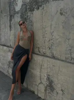 Bec & Bridge Wave Crush Halter Top Taupe & Crawford Twist Skirt Charcoal Set Size 10 for rent on The Volte - image 2