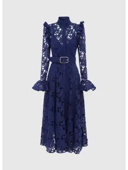 Leo Lin Aliyah Lace Butterfly Sleeve Midi Dress in Oxford Blue Size AU 12 for rent on The Volte - image 1