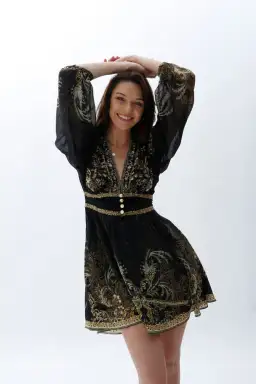 Camilla The Night Is Noir Curved Waistband Short Dress in Black Size S / AU 10 for rent on The Volte - image 2