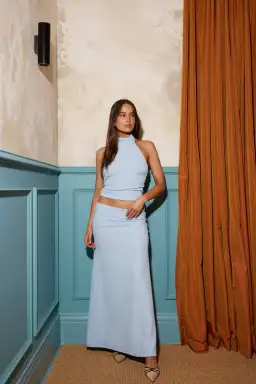 With Harper Lu Textured Halter & Maxi Skirt Set Baby Blue Size S/Au 8 for rent on The Volte - image 1