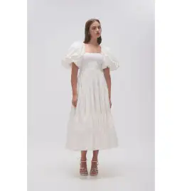Aje Casa Puff Sleeve Midi Dress in Ivory Size AU 14
