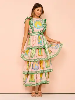 Alemais Porcelain Frill Midi Dress In Pink Size 10