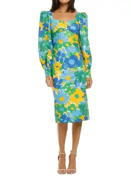 By Johnny Sunday Floral Cuff Sleeve Midi Dress Multi Size 8